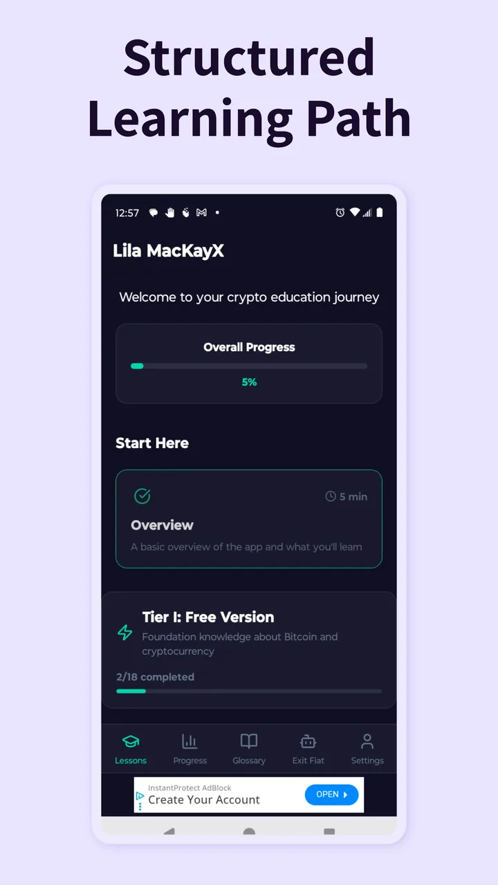 App screenshot showing structured learning path and progress