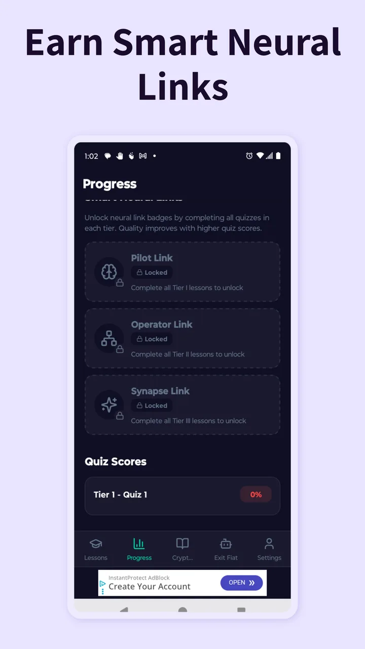 App screenshot showing neural link badges and quiz scores