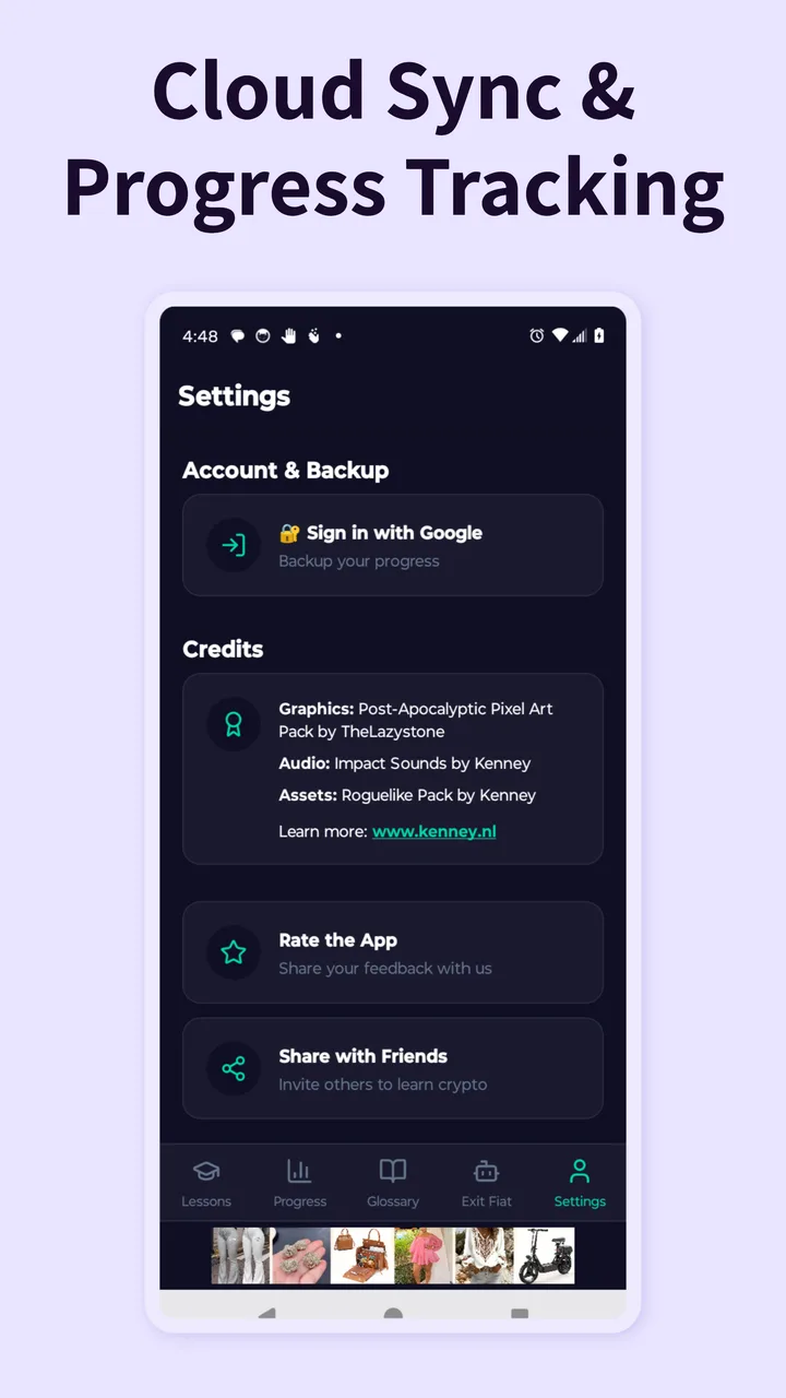 App screenshot showing settings and cloud sync options