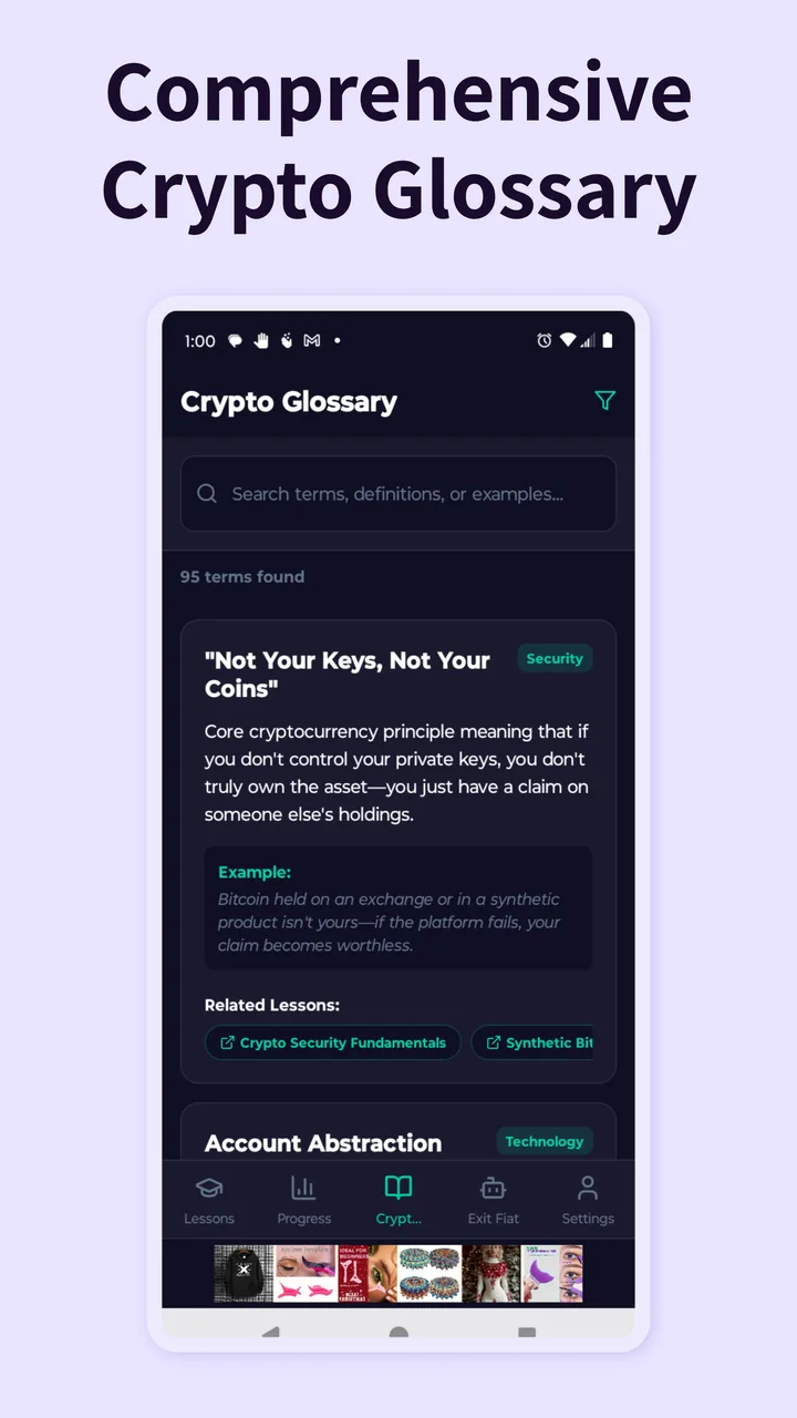 App screenshot showing crypto glossary with search and definitions
