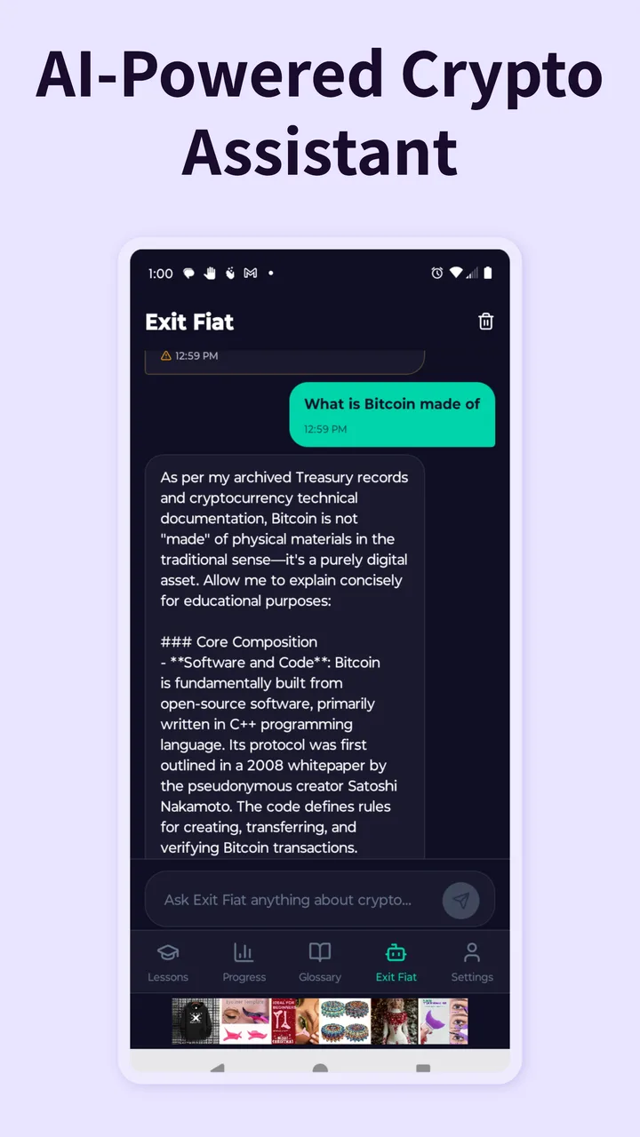App screenshot showing AI chat assistant answering crypto questions