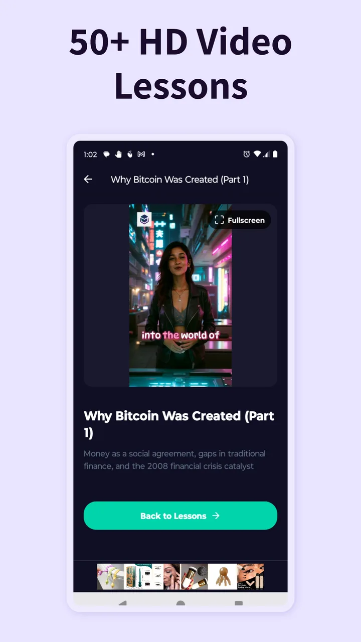 App screenshot showing HD video lesson player