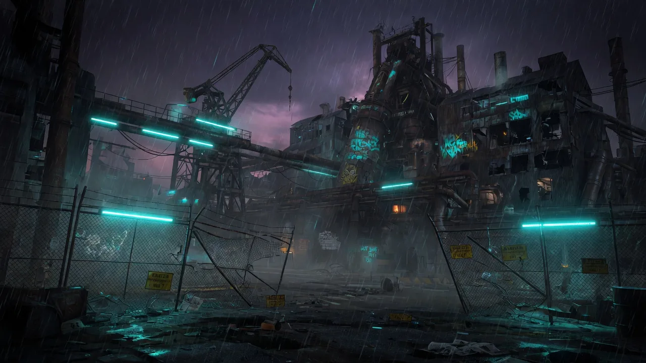 Cyberpunk noir cityscape at night with electric cyan lighting cutting through rain and fog