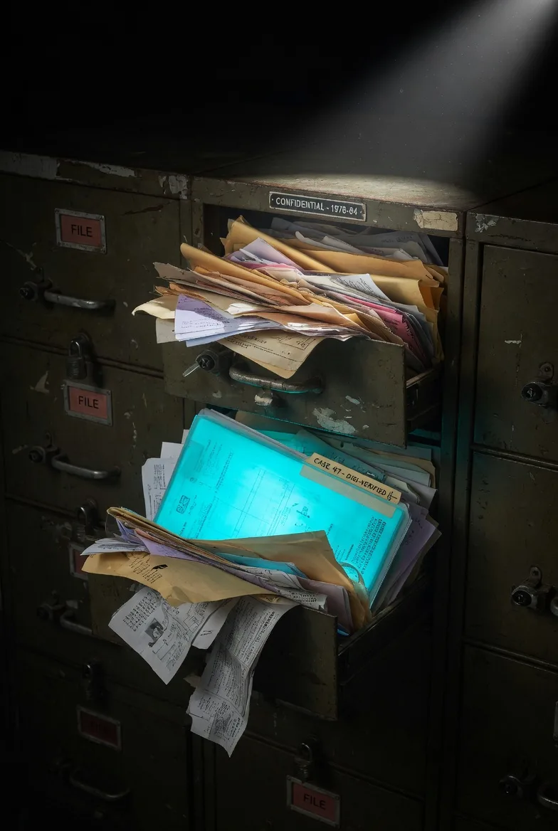 Filing cabinet overflowing with paperwork and a glowing neon cyan folder