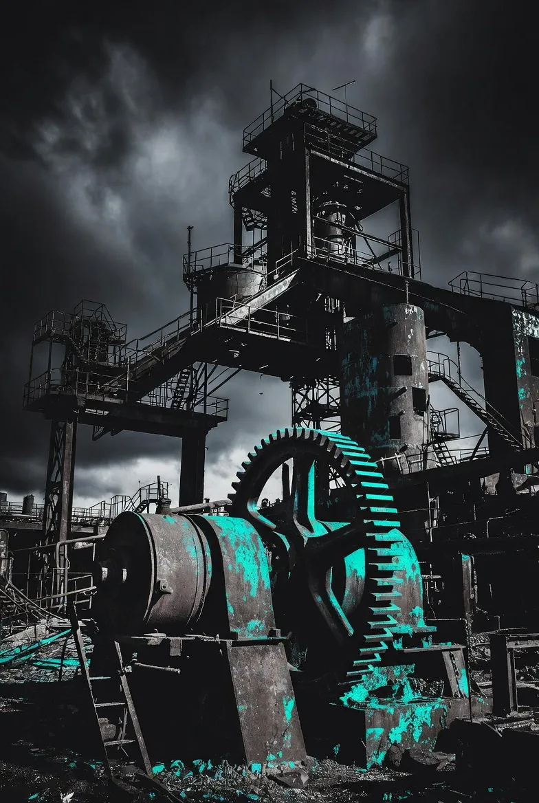 Abandoned steel mill with neon cyan highlights on rusted gears