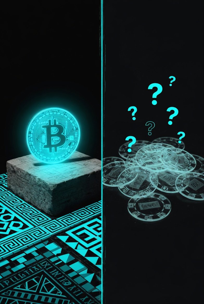 Scene: Split frame. Left side: a single Bitcoin coin glowing cyan, resting on a stone block, surrounded by intricate geometric patterns in cyan — unchangeable, solid, per‐ manent. Right side: a pile of colorful casino chips, but rendered in cyan outline only , translucent, insubstantial, with question marks floating above them. A thin cyan lin e divides the two halves. Atmosphere: clarity, choice, permanence versus illusion.