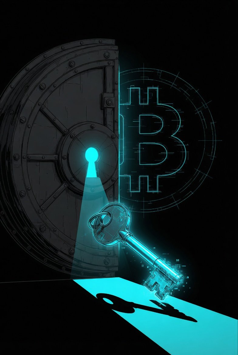 Style: Noir, architectural, minimalist. Background: Solid black (#0a0a0a). Accent color: Neon cyan (#00f5ff) only. Scene: A steel vault door in profile, closed and locked. The keyhole glows neon cyan. In the center foreground, a single key — half-realistic, half-digital, rendered in cya n — positioned to unlock the vault. Faint cyan light spills from the keyhole onto the key. Behind the vault, a Bitcoin symbol (@) rendered in thin cyan lines, just barely v isible through the vault door's gap. The key casts a sharp shadow across the vault in cyan. Atmosphere: control, finality, possession.