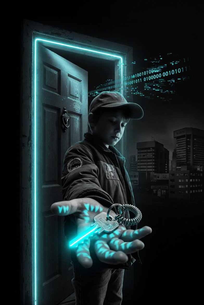Style: Noir, cinematic, digital-physical fusion. Background: Solid black (#0a0a0a). Accent color: Neon cyan (#00f5ff) only. Scene: A 1980s latchkey kid standing at the threshold of a darkened house. In their hand, a silver key glows with neon cyan. Behind them, a distant cityscape of bank buildings fading into darkness. The key's teeth glow bright cyan, casting sharp light patterns across the kid's palm. The doorframe glows cyan at the edges. Above, faint binary code drifts like smoke, but fades before it becomes clear. Atmosphere: solitude, autonomy, quiet power.
